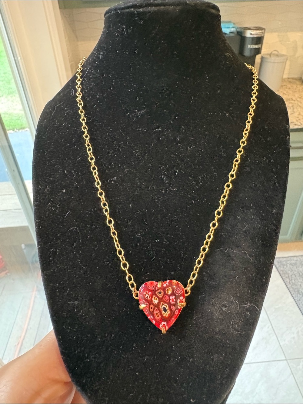 Lele Sadoughi Red Millefiori Glass Heart Pendant Necklace Gold Tone Chain